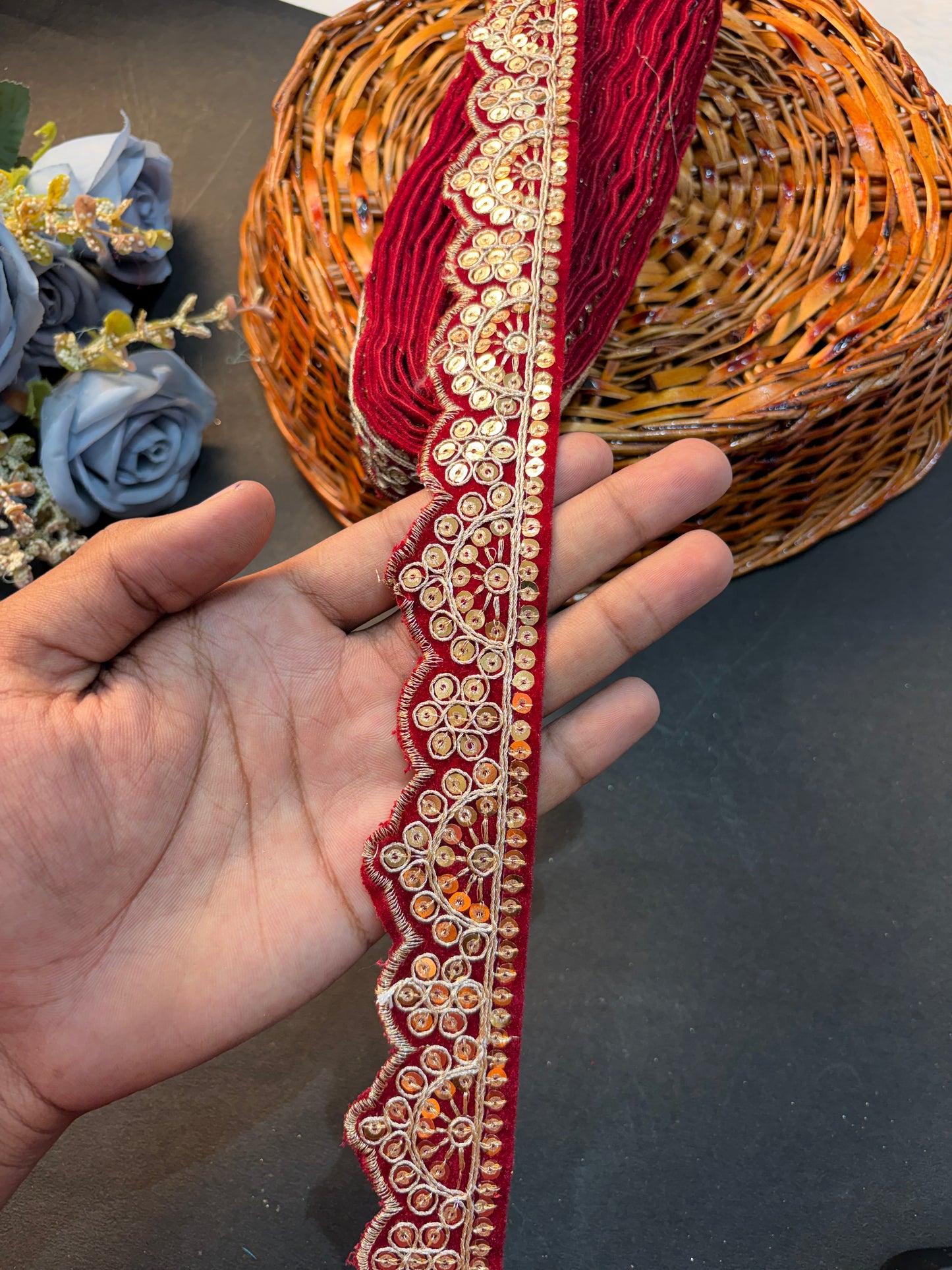 Velvet Lace Border with Golden Zari & Sequin Work | Designer Saree, Dupatta, Lehenga, Blouse Border Trim for Craft & Decoration( pack of 9 meter )