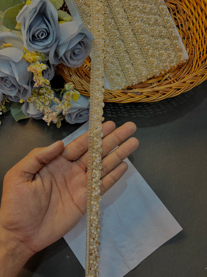 White Pearl & Stone  Lace Border | Designer Saree, Dupatta, Lehenga, Blouse Trim Elegant Wedding & Craft Decoration Lace (pack of 9 meter)