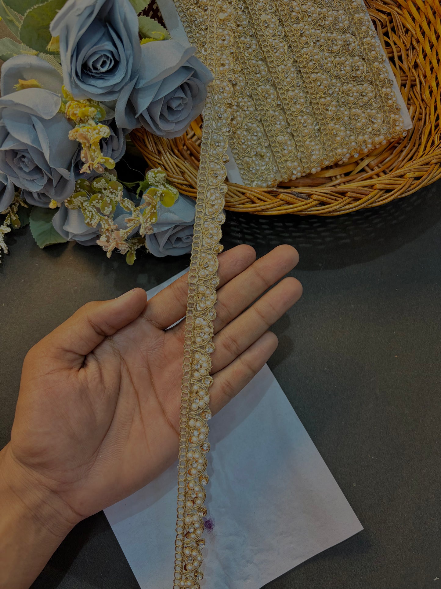 White Pearl & Stone  Lace Border | Designer Saree, Dupatta, Lehenga, Blouse Trim Elegant Wedding & Craft Decoration Lace (pack of 9 meter)