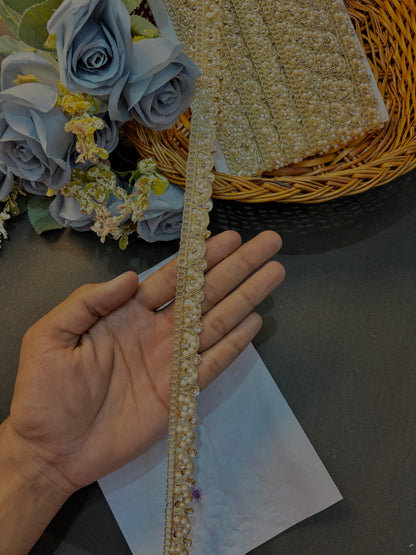 White Pearl & Stone  Lace Border | Designer Saree, Dupatta, Lehenga, Blouse Trim Elegant Wedding & Craft Decoration Lace (pack of 9 meter)