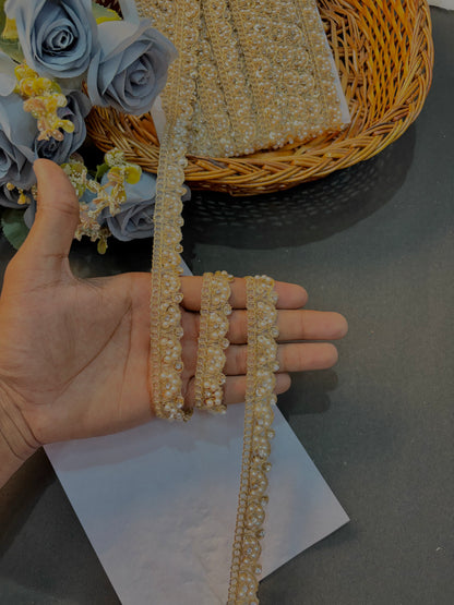 White Pearl & Stone  Lace Border | Designer Saree, Dupatta, Lehenga, Blouse Trim Elegant Wedding & Craft Decoration Lace (pack of 9 meter)
