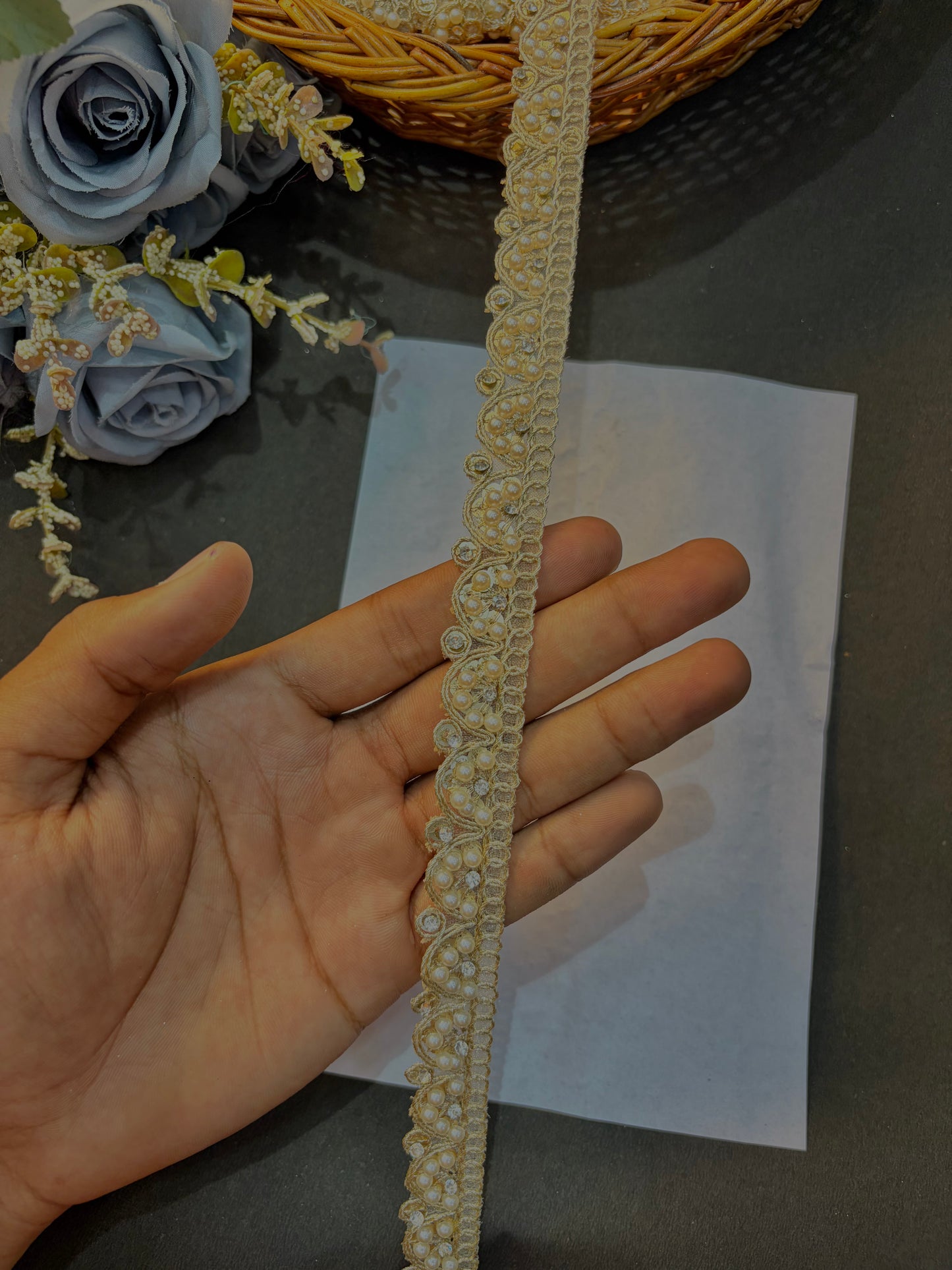 White Pearl & Stone  Lace Border | Designer Saree, Dupatta, Lehenga, Blouse Trim Elegant Wedding & Craft Decoration Lace (pack of 9 meter)