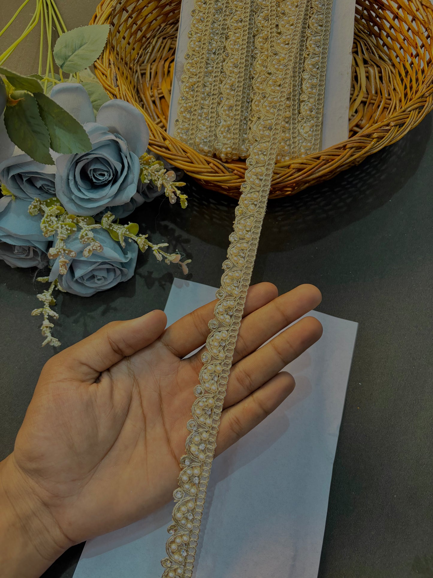 White Pearl & Stone  Lace Border | Designer Saree, Dupatta, Lehenga, Blouse Trim Elegant Wedding & Craft Decoration Lace (pack of 9 meter)