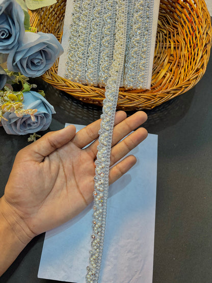 White Pearl & Stone  Lace Border | Designer Saree, Dupatta, Lehenga, Blouse Trim Elegant Wedding & Craft Decoration Lace (pack of 9 meter)