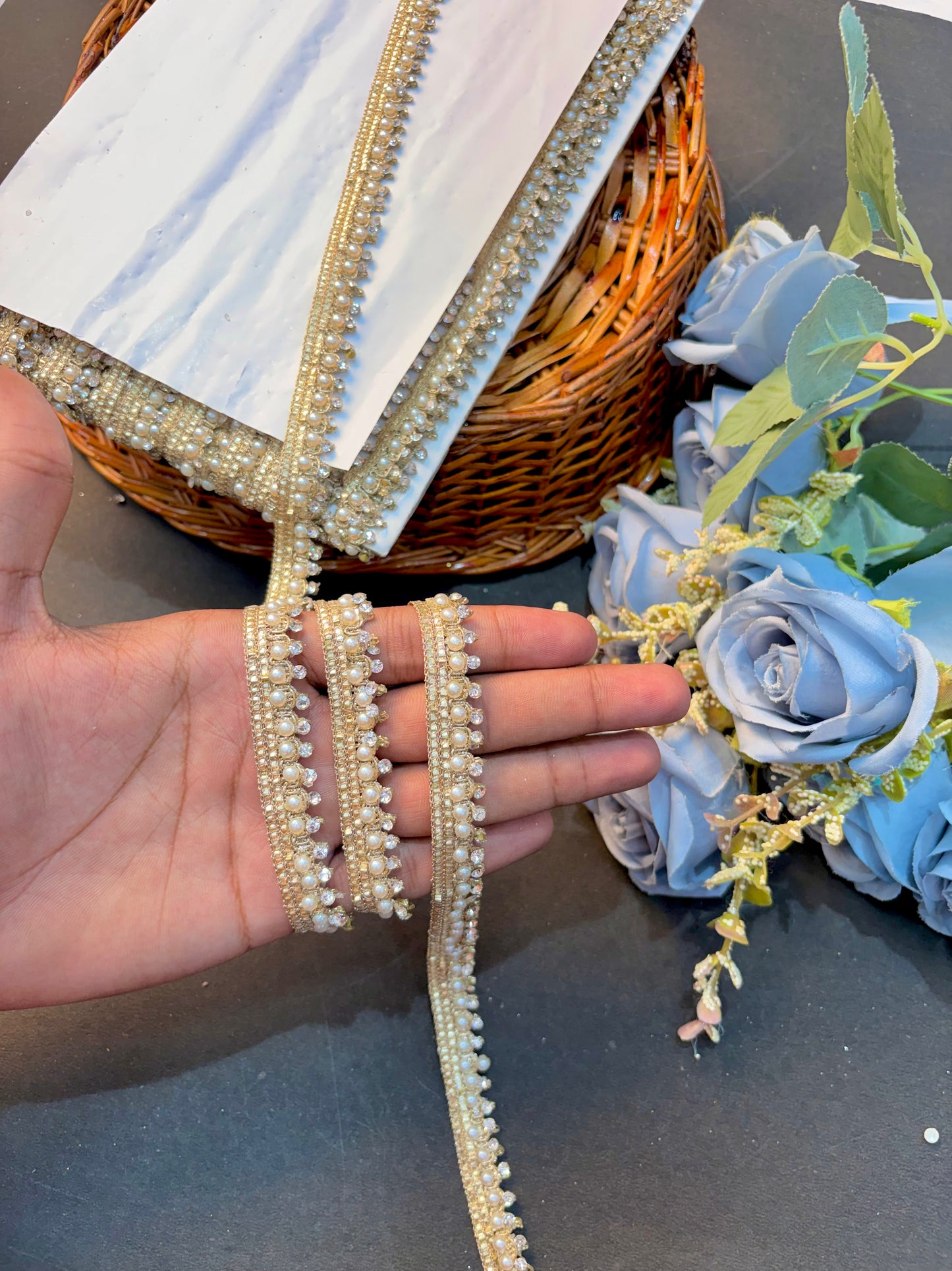 Golden stone lace  Zari Embroidery Lace Border for Saree, Dupatta & Lehenga – Designer Fancy Bridal Lace Trim Roll (1 Inch Width) (pack of 9 meter )