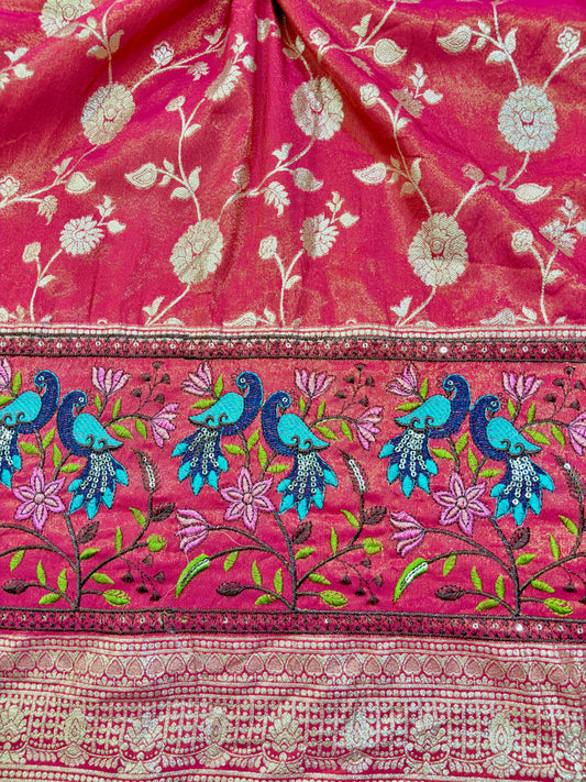 Paitanick Banarasi Jacquard Silk Fabric with Peacock Embroidery Border | Floral Zari Design Fabric 44-45 inch width