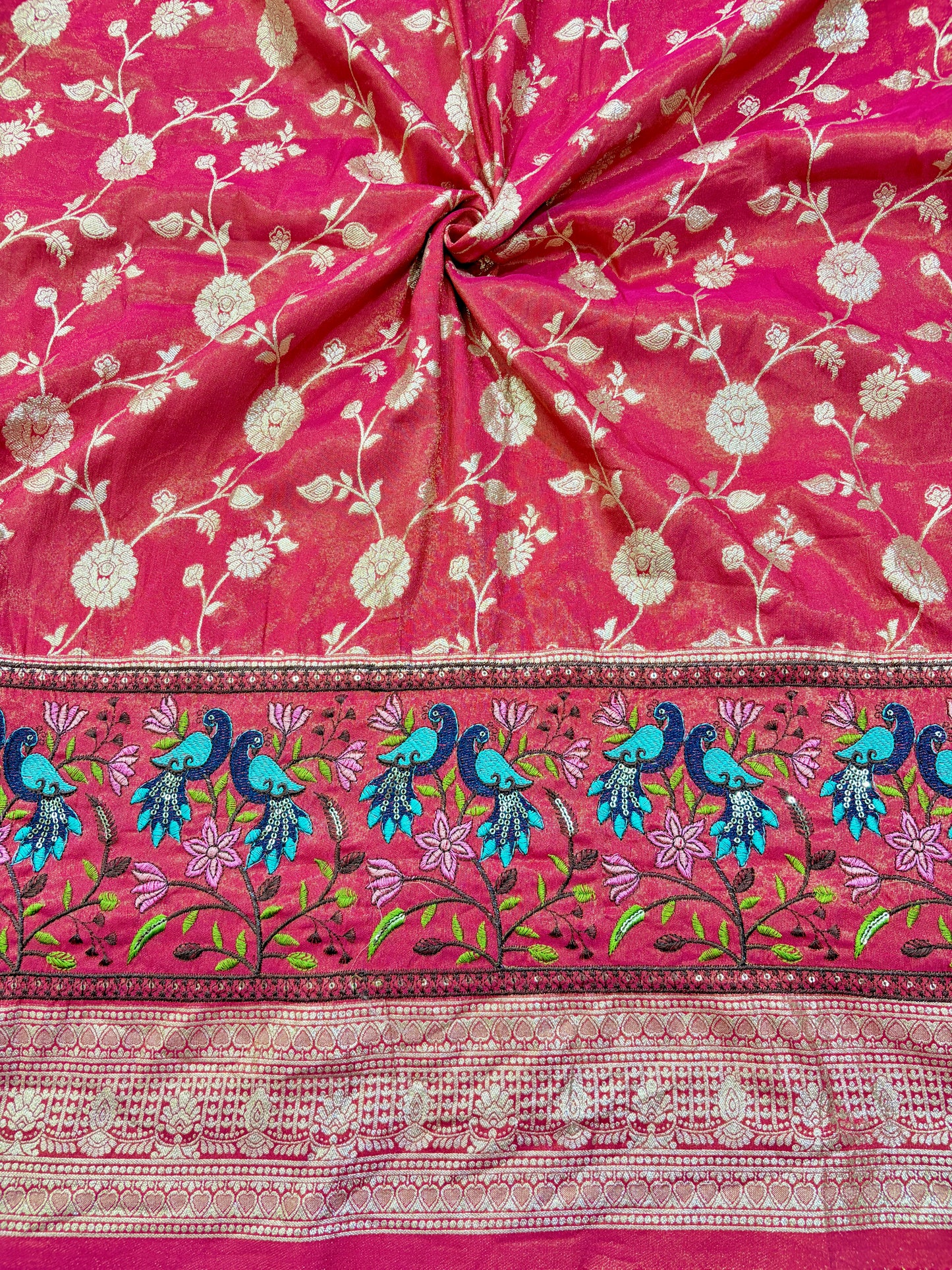 Paitanick Banarasi Jacquard Silk Fabric with Peacock Embroidery Border | Floral Zari Design Fabric 44-45 inch width