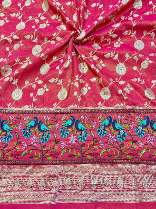 Paitanick Banarasi Jacquard Silk Fabric with Peacock Embroidery Border | Floral Zari Design Fabric 44-45 inch width