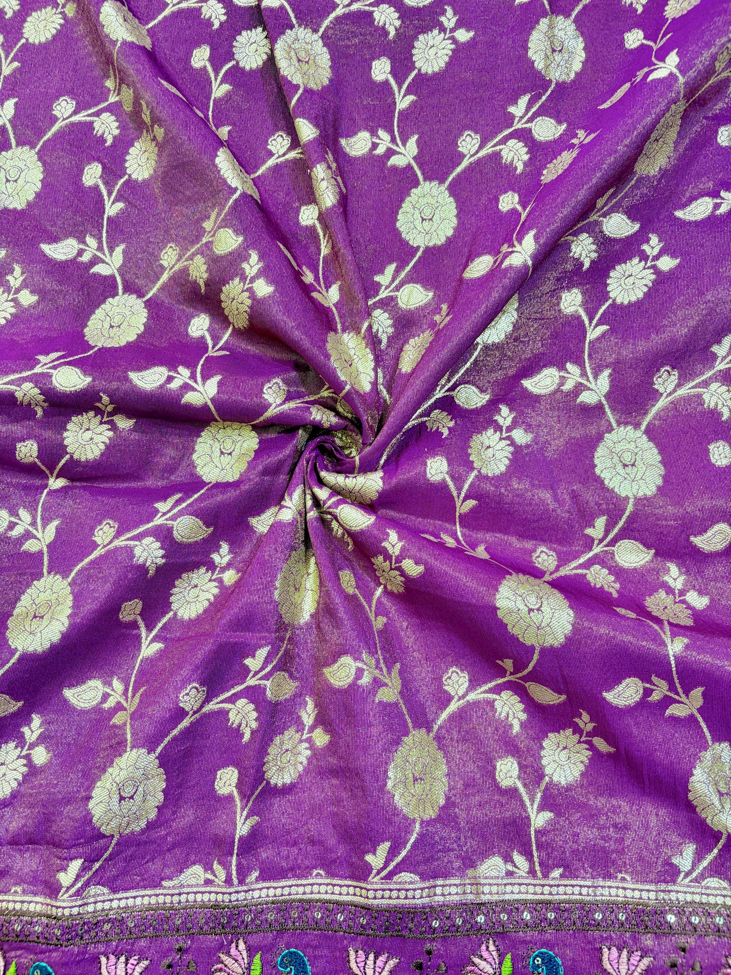 Paitanick Banarasi Jacquard Silk Fabric with Peacock Embroidery Border | Floral Zari Design Fabric 44-45 inch width