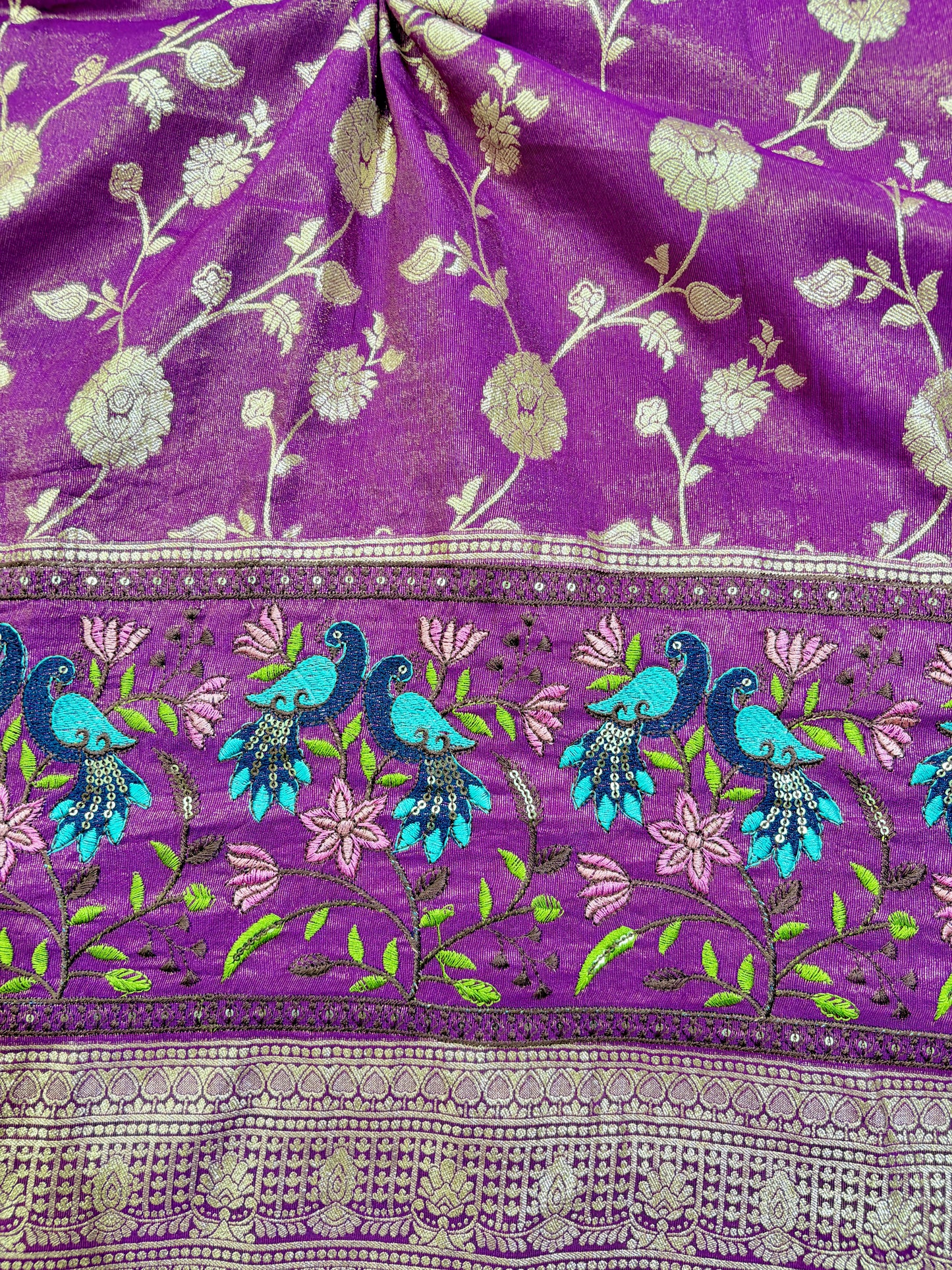 Paitanick Banarasi Jacquard Silk Fabric with Peacock Embroidery Border | Floral Zari Design Fabric 44-45 inch width