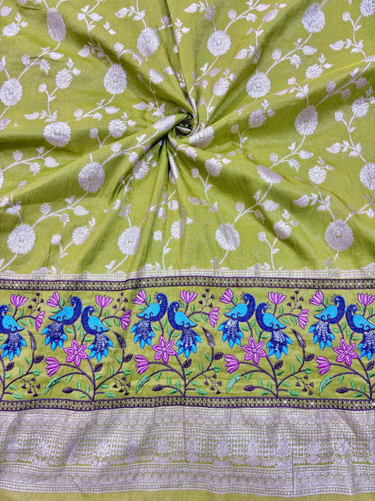 Paitanick Banarasi Jacquard Silk Fabric with Peacock Embroidery Border | Floral Zari Design Fabric 44-45 inch width