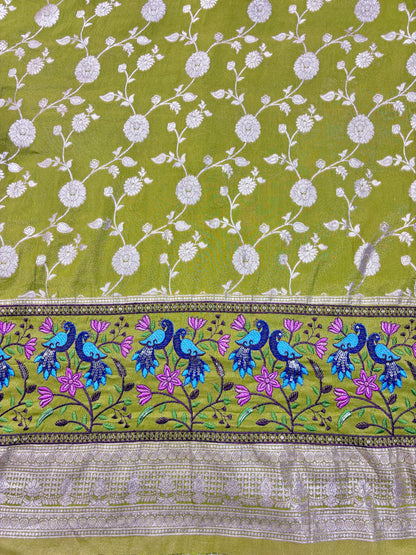 Paitanick Banarasi Jacquard Silk Fabric with Peacock Embroidery Border | Floral Zari Design Fabric 44-45 inch width