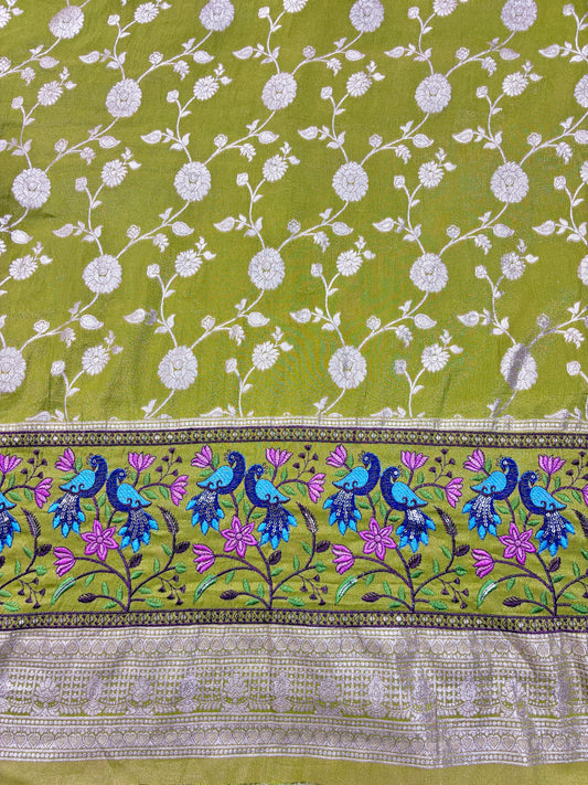 Paitanick Banarasi Jacquard Silk Fabric with Peacock Embroidery Border | Floral Zari Design Fabric 44-45 inch width