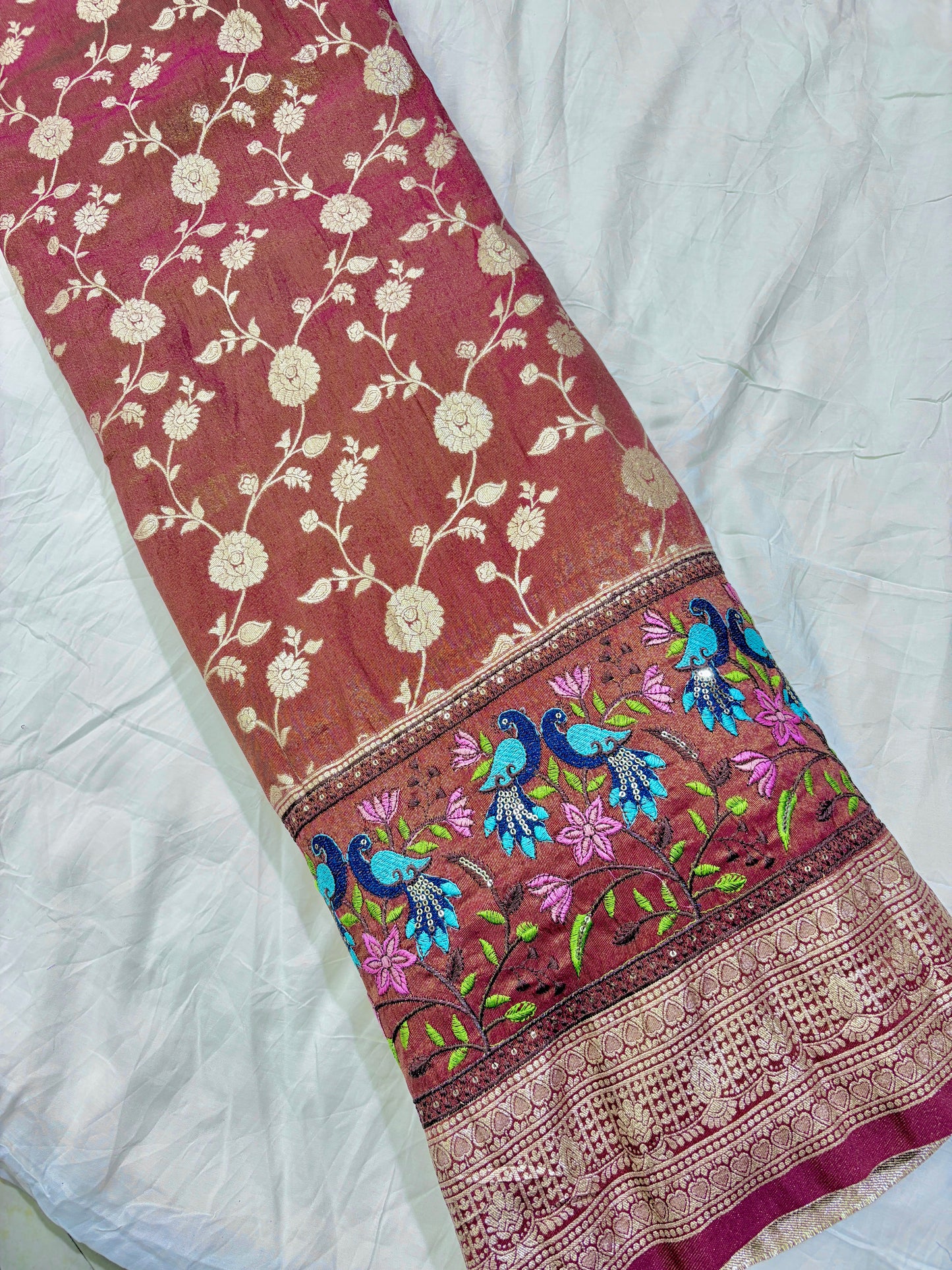 Paitanick Banarasi Jacquard Silk Fabric with Peacock Embroidery Border | Floral Zari Design Fabric 44-45 inch width