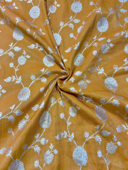Paitanick Banarasi Jacquard Silk Fabric with Peacock Embroidery Border | Floral Zari Design Fabric 44-45 inch width
