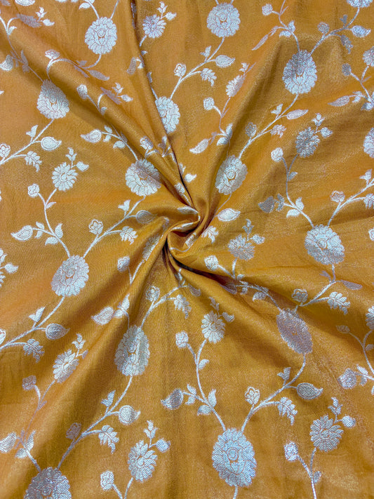 Paitanick Banarasi Jacquard Silk Fabric with Peacock Embroidery Border | Floral Zari Design Fabric 44-45 inch width
