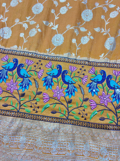 Paitanick Banarasi Jacquard Silk Fabric with Peacock Embroidery Border | Floral Zari Design Fabric 44-45 inch width