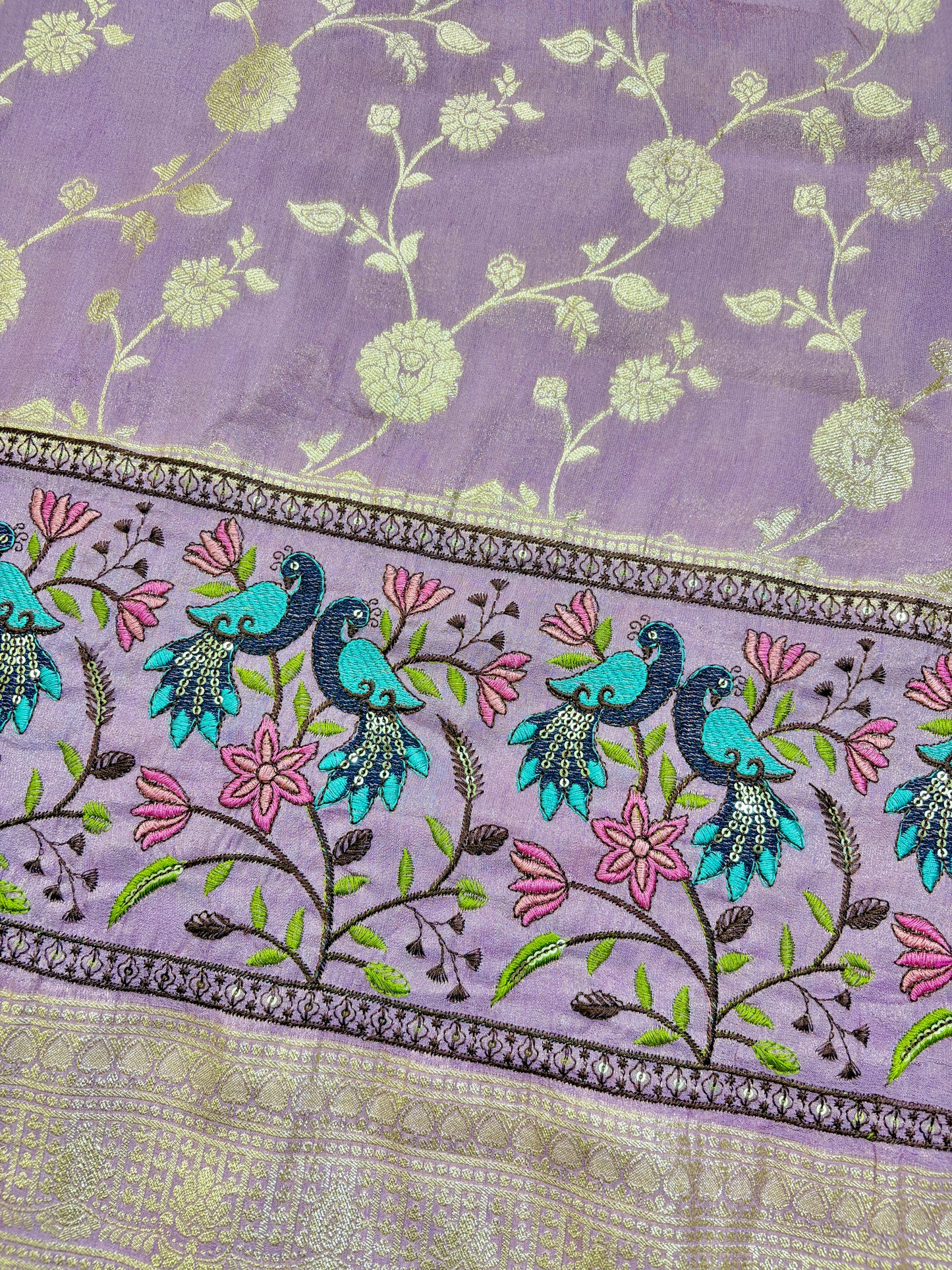 Paitanick Banarasi Jacquard Silk Fabric with Peacock Embroidery Border | Floral Zari Design Fabric 44-45 inch width