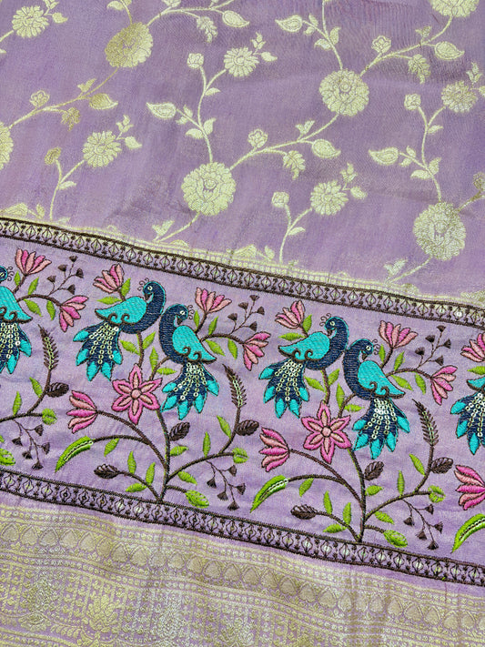 Paitanick Banarasi Jacquard Silk Fabric with Peacock Embroidery Border | Floral Zari Design Fabric 44-45 inch width