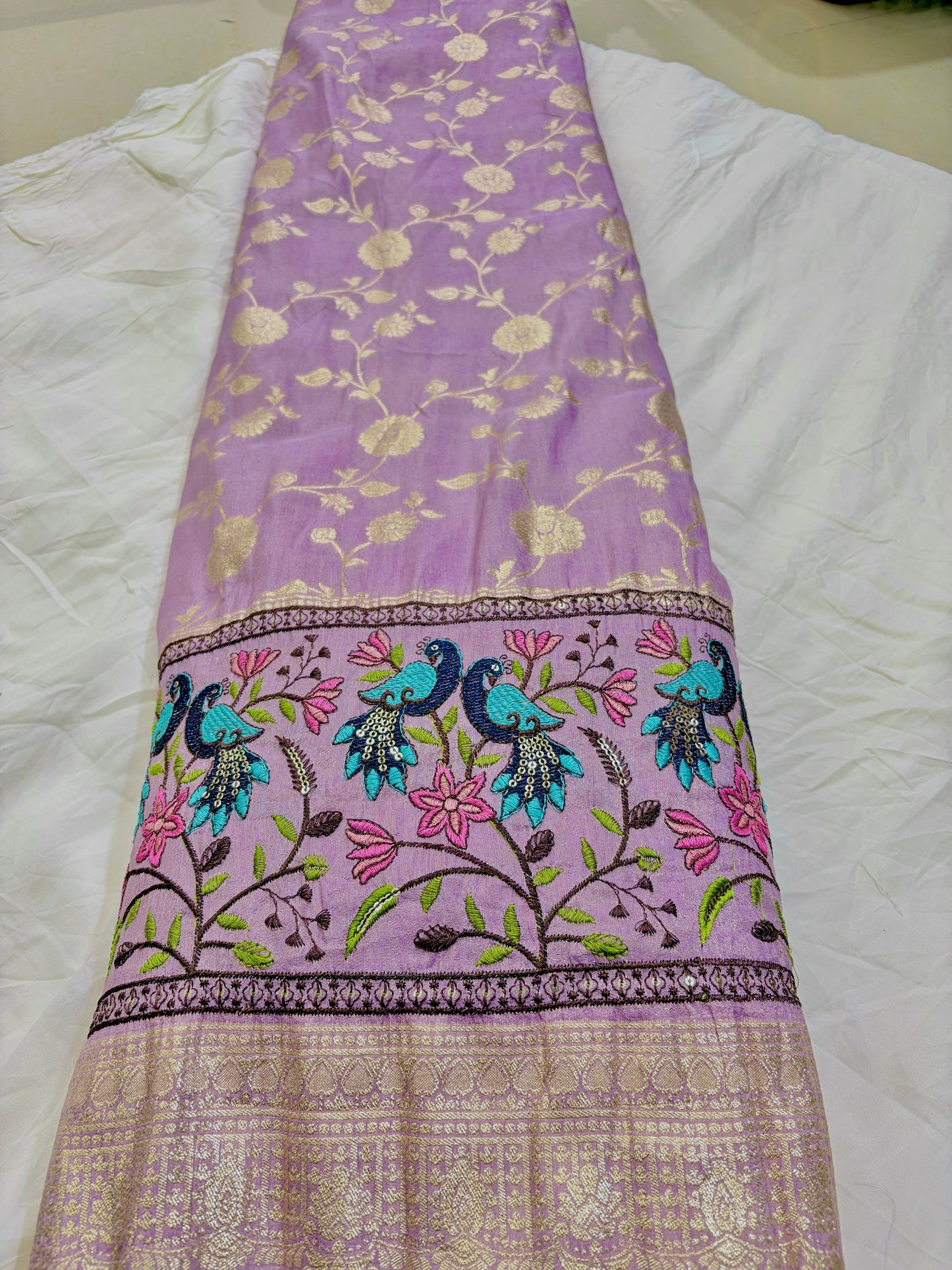 Paitanick Banarasi Jacquard Silk Fabric with Peacock Embroidery Border | Floral Zari Design Fabric 44-45 inch width