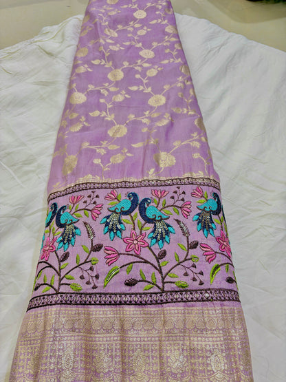 Paitanick Banarasi Jacquard Silk Fabric with Peacock Embroidery Border | Floral Zari Design Fabric 44-45 inch width