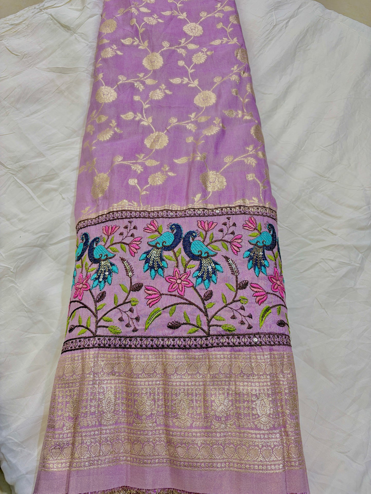 Paitanick Banarasi Jacquard Silk Fabric with Peacock Embroidery Border | Floral Zari Design Fabric 44-45 inch width