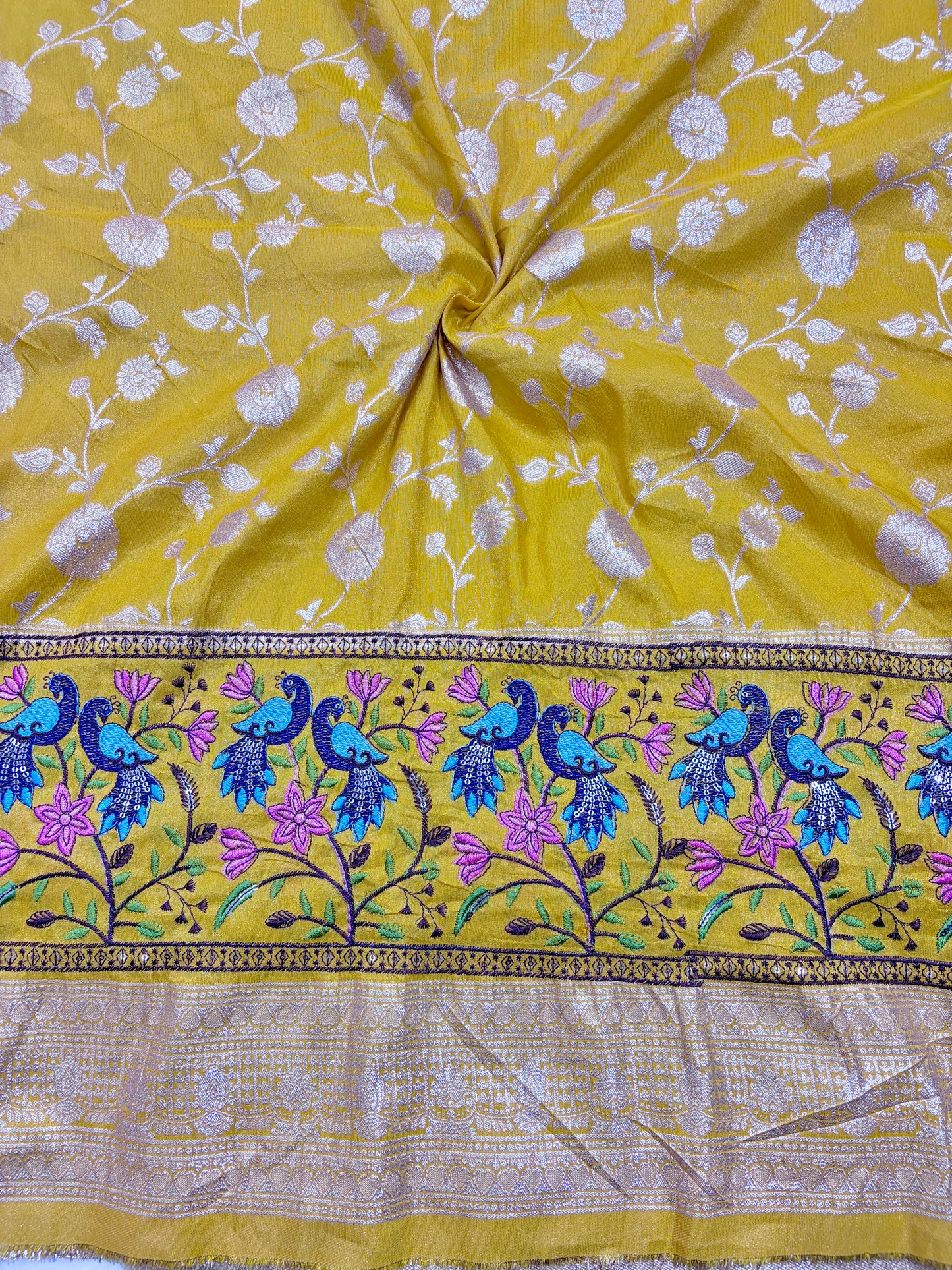 Paitanick Banarasi Jacquard Silk Fabric with Peacock Embroidery Border | Floral Zari Design Fabric 44-45 inch width