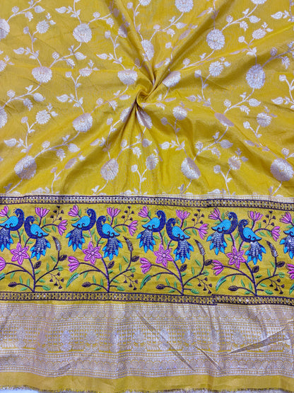 Paitanick Banarasi Jacquard Silk Fabric with Peacock Embroidery Border | Floral Zari Design Fabric 44-45 inch width