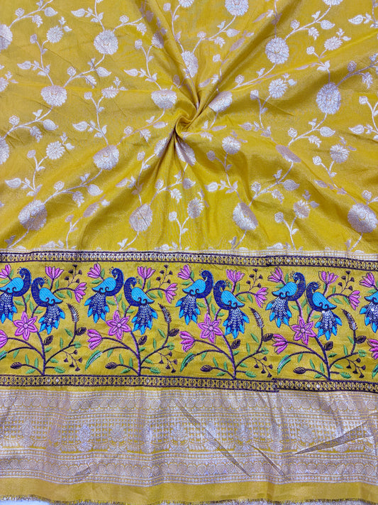 Paitanick Banarasi Jacquard Silk Fabric with Peacock Embroidery Border | Floral Zari Design Fabric 44-45 inch width