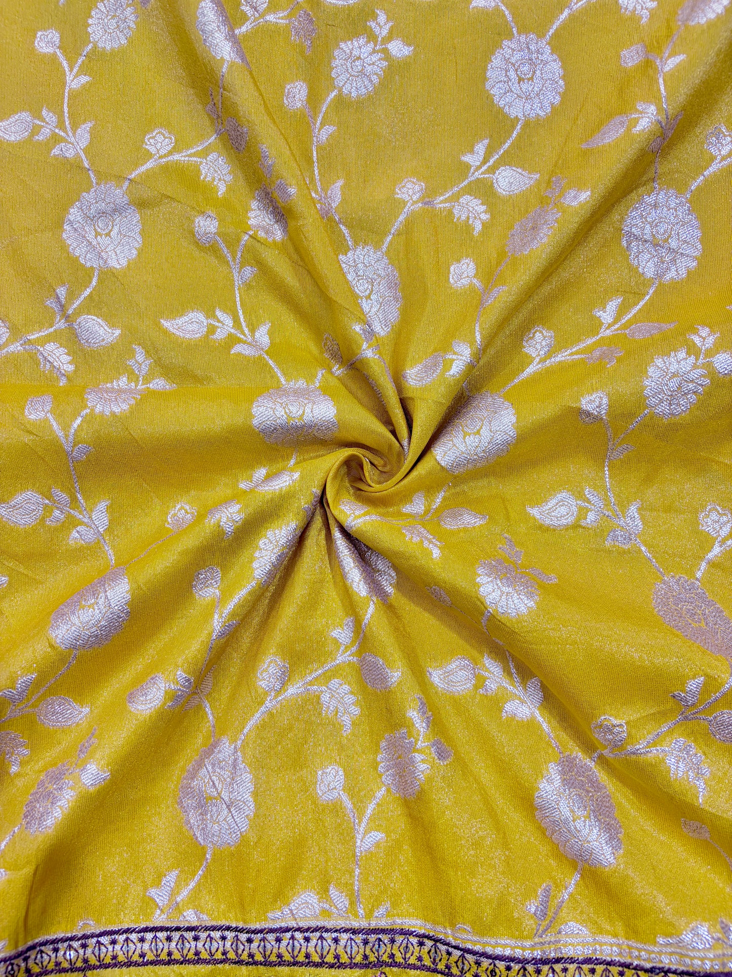 Paitanick Banarasi Jacquard Silk Fabric with Peacock Embroidery Border | Floral Zari Design Fabric 44-45 inch width