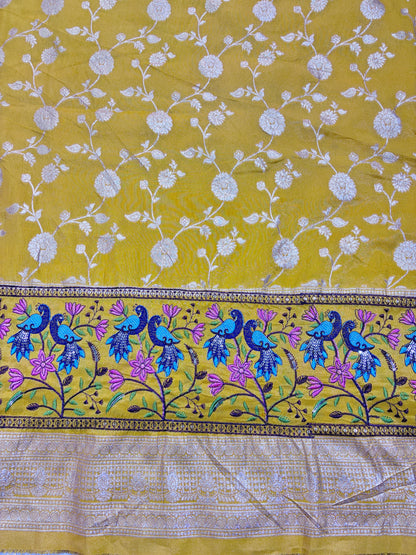 Paitanick Banarasi Jacquard Silk Fabric with Peacock Embroidery Border | Floral Zari Design Fabric 44-45 inch width