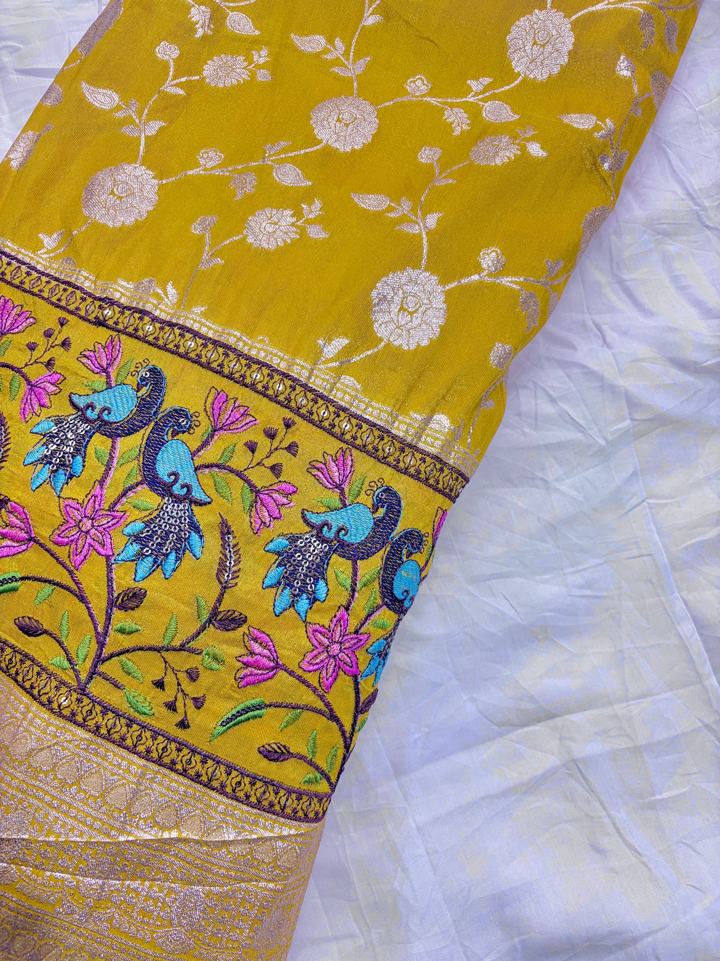 Paitanick Banarasi Jacquard Silk Fabric with Peacock Embroidery Border | Floral Zari Design Fabric 44-45 inch width