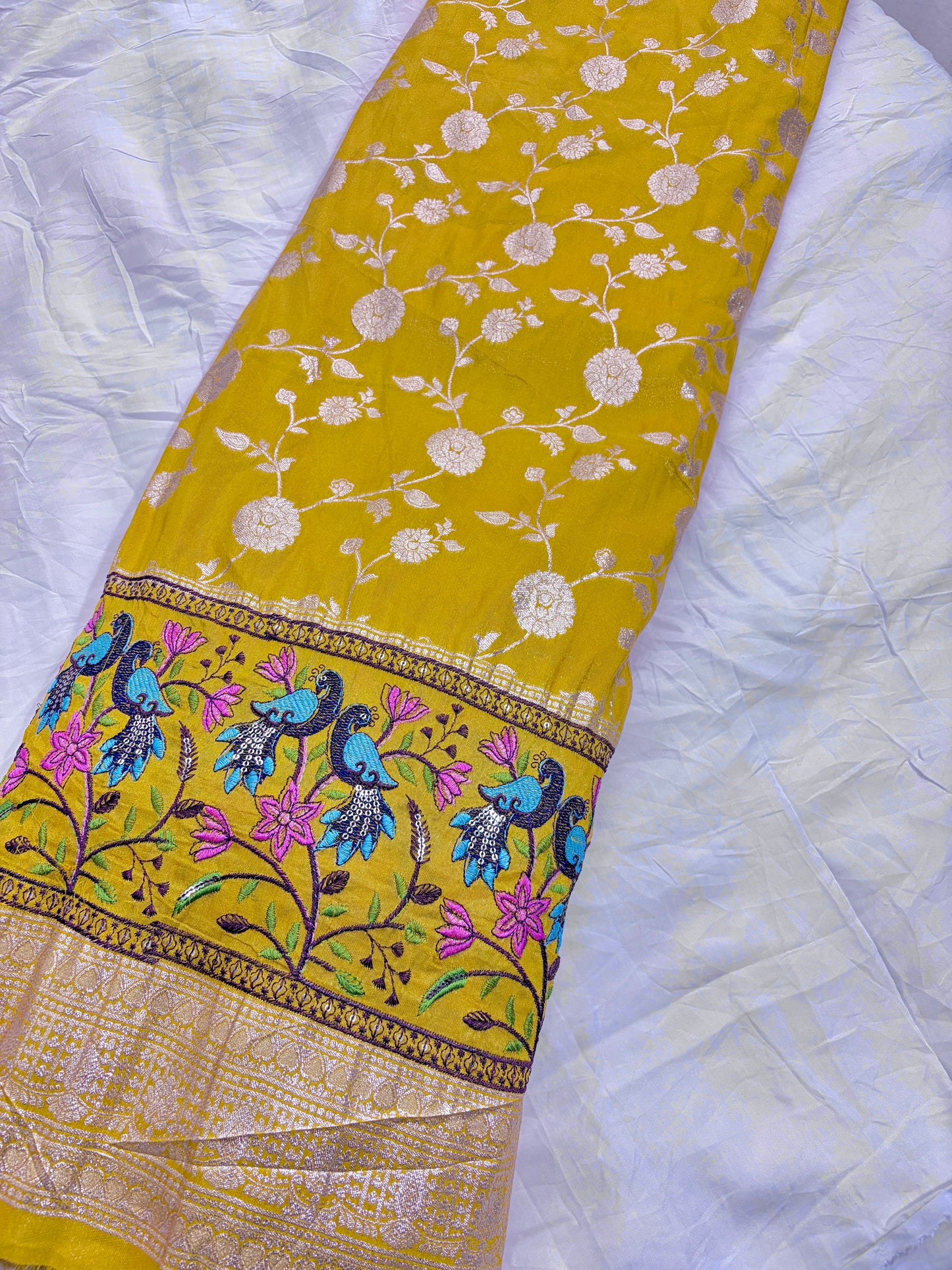 Paitanick Banarasi Jacquard Silk Fabric with Peacock Embroidery Border | Floral Zari Design Fabric 44-45 inch width