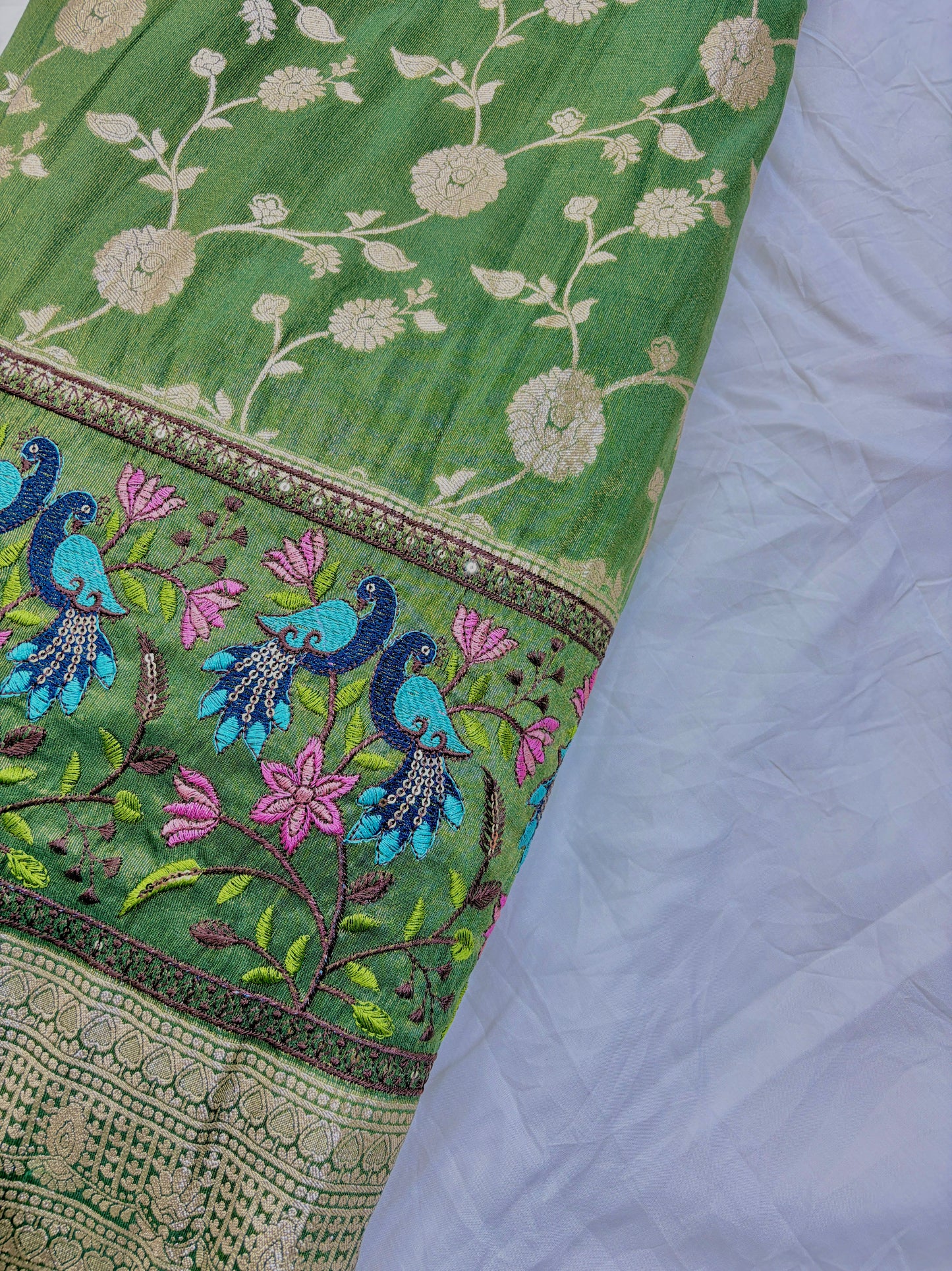 Paitanick Banarasi Jacquard Silk Fabric with Peacock Embroidery Border | Floral Zari Design Fabric 44-45 inch width