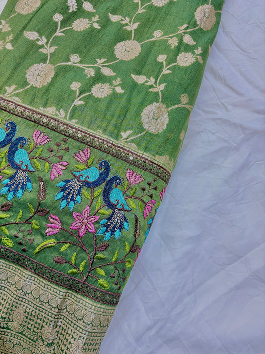 Paitanick Banarasi Jacquard Silk Fabric with Peacock Embroidery Border | Floral Zari Design Fabric 44-45 inch width