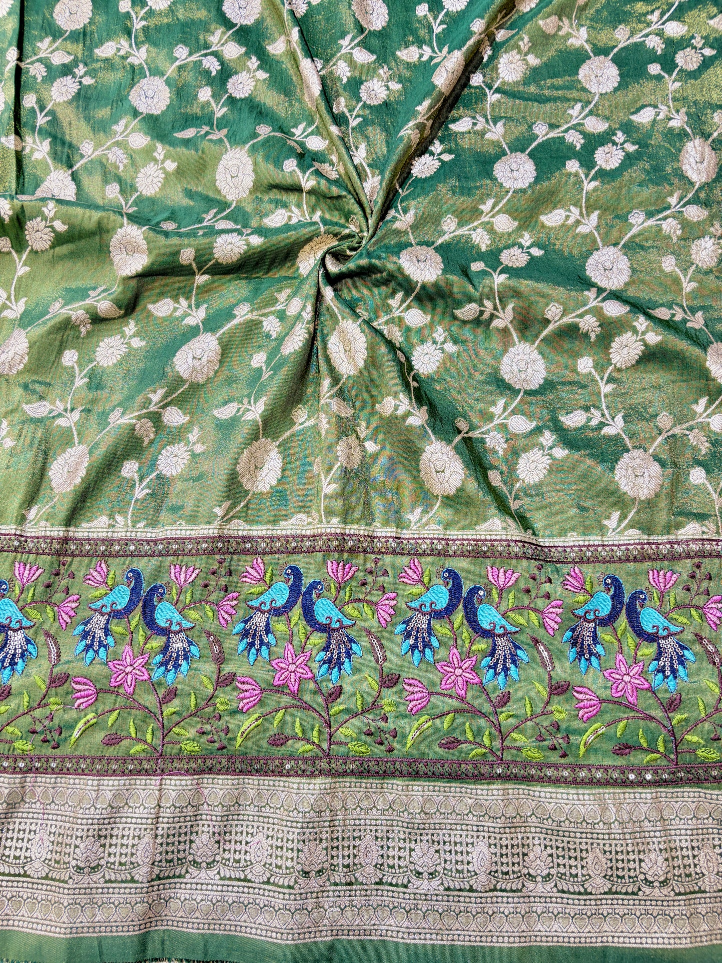 Paitanick Banarasi Jacquard Silk Fabric with Peacock Embroidery Border | Floral Zari Design Fabric 44-45 inch width