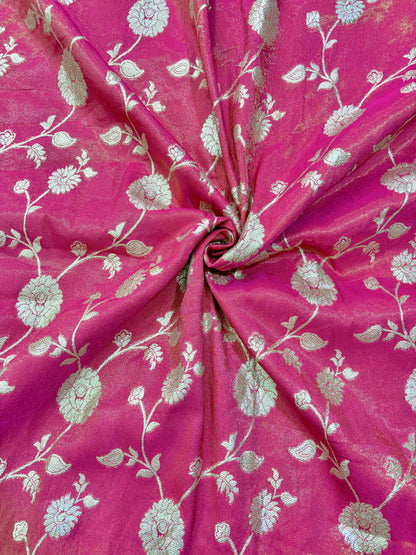 Banarasi Jacquard Silk Fabric with Peacock Embroidery Border | Floral Zari Design Fabric for Saree, Lehenga, Dupatta & Gown 44-45 width panna