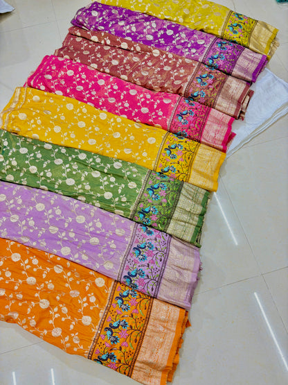 Banarasi Jacquard Silk Fabric with Peacock Embroidery Border | Floral Zari Design Fabric for Saree, Lehenga, Dupatta & Gown 44-45 width panna