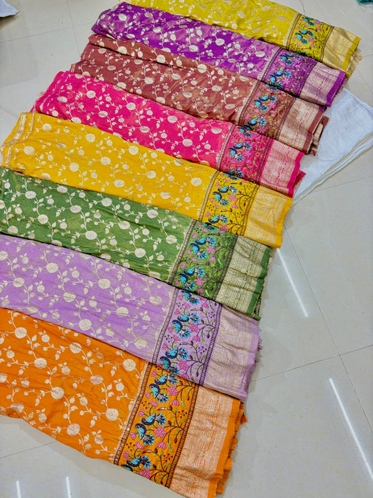 Banarasi Jacquard Silk Fabric with Peacock Embroidery Border | Floral Zari Design Fabric for Saree, Lehenga, Dupatta & Gown 44-45 width panna