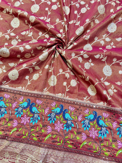 Banarasi Jacquard Silk Fabric with Peacock Embroidery Border | Floral Zari Design Fabric for Saree, Lehenga, Dupatta & Gown 44-45 width panna