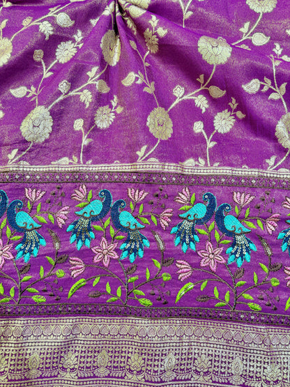 Banarasi Jacquard Silk Fabric with Peacock Embroidery Border | Floral Zari Design Fabric for Saree, Lehenga, Dupatta & Gown 44-45 width panna