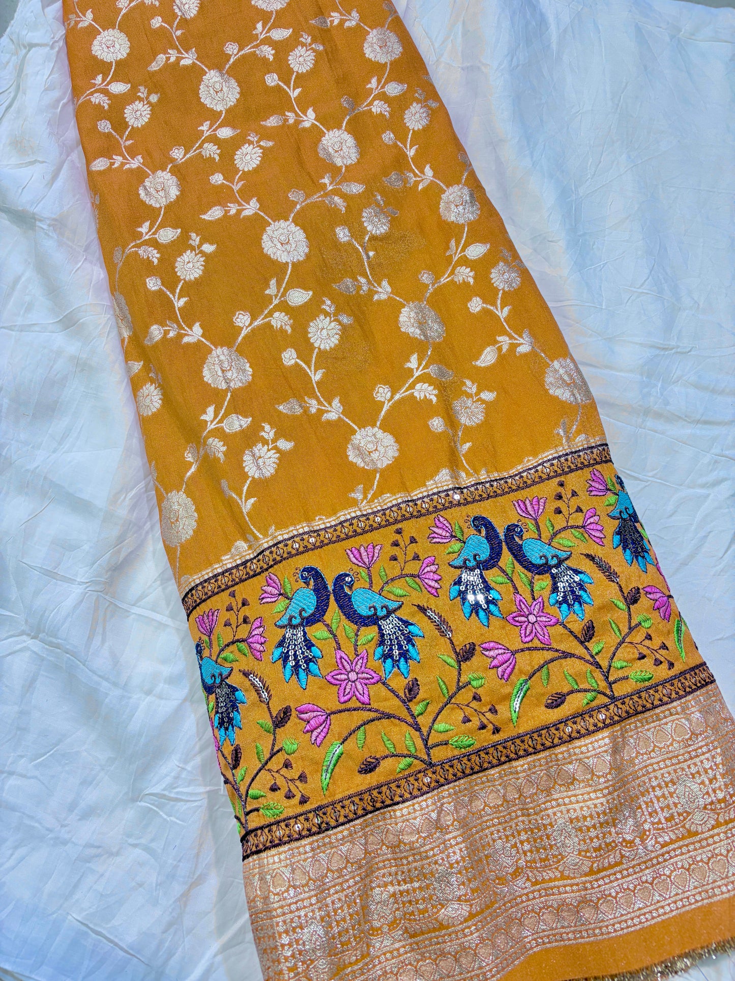 Banarasi Jacquard Silk Fabric with Peacock Embroidery Border | Floral Zari Design Fabric for Saree, Lehenga, Dupatta & Gown 44-45 width panna