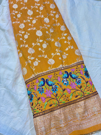 Banarasi Jacquard Silk Fabric with Peacock Embroidery Border | Floral Zari Design Fabric for Saree, Lehenga, Dupatta & Gown 44-45 width panna