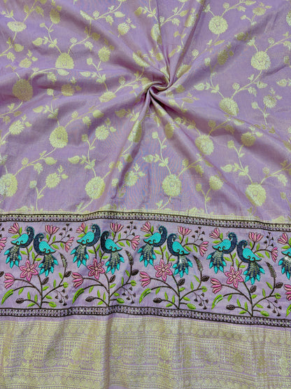 Banarasi Jacquard Silk Fabric with Peacock Embroidery Border | Floral Zari Design Fabric for Saree, Lehenga, Dupatta & Gown 44-45 width panna