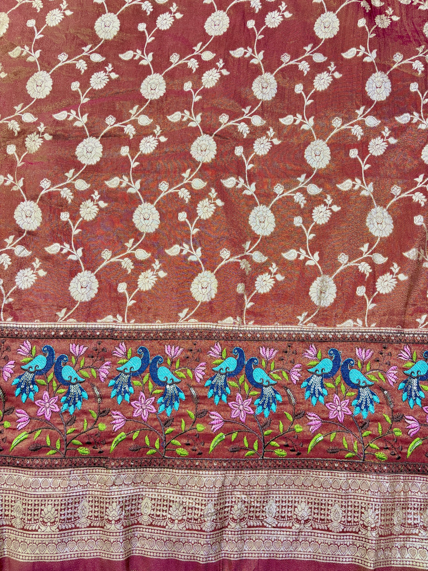 Banarasi Jacquard Silk Fabric with Peacock Embroidery Border | Floral Zari Design Fabric for Saree, Lehenga, Dupatta & Gown 44-45 width panna