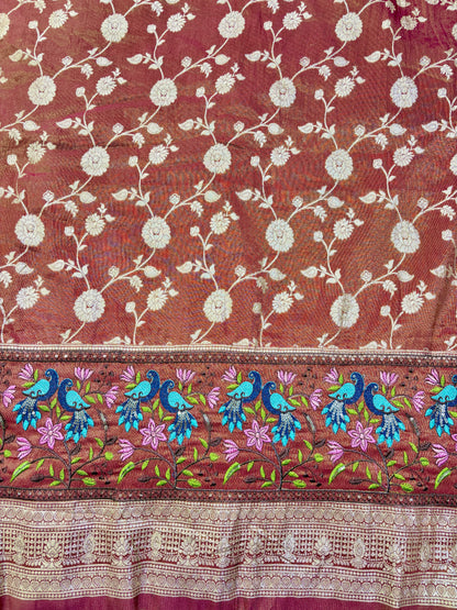 Banarasi Jacquard Silk Fabric with Peacock Embroidery Border | Floral Zari Design Fabric for Saree, Lehenga, Dupatta & Gown 44-45 width panna