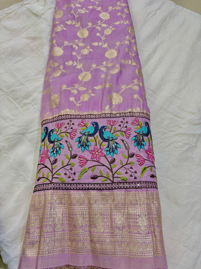 Banarasi Jacquard Silk Fabric with Peacock Embroidery Border | Floral Zari Design Fabric for Saree, Lehenga, Dupatta & Gown 44-45 width panna