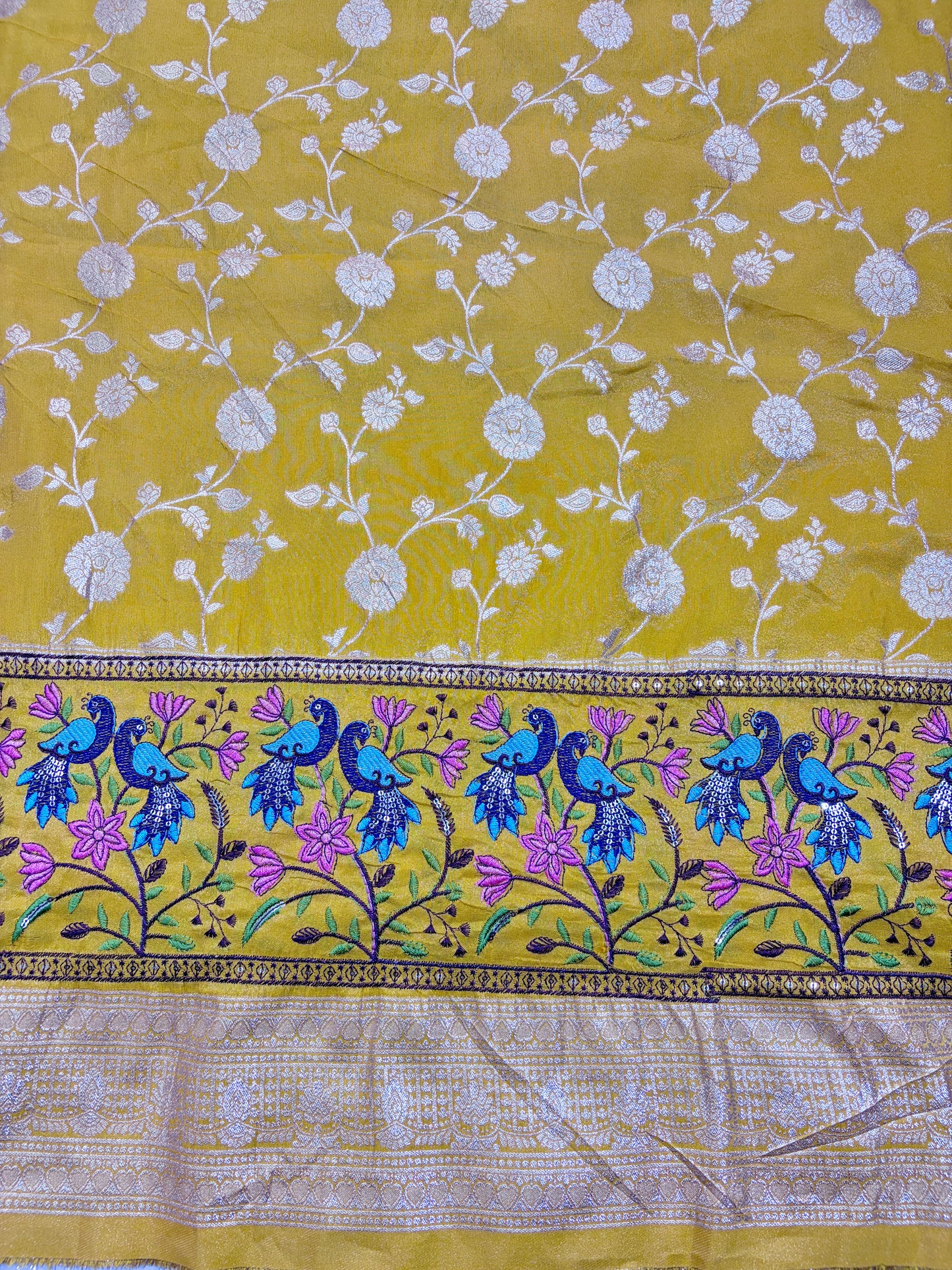 Banarasi Jacquard Silk Fabric with Peacock Embroidery Border | Floral Zari Design Fabric for Saree, Lehenga, Dupatta & Gown 44-45 width panna