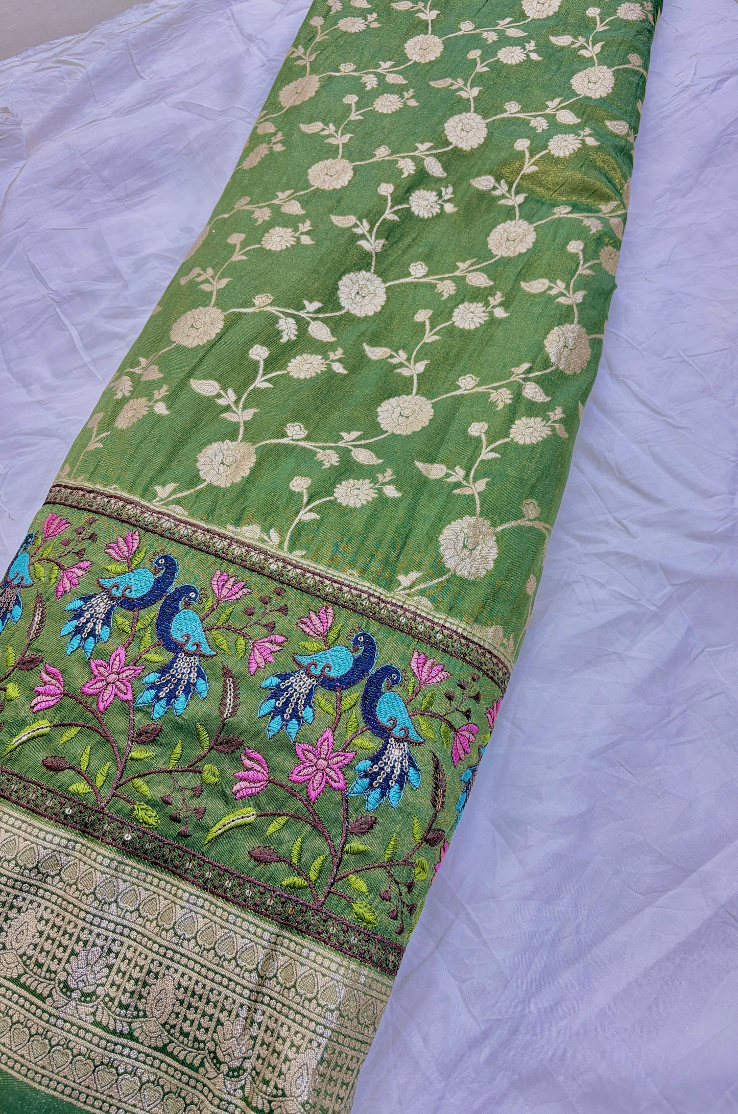 Banarasi Jacquard Silk Fabric with Peacock Embroidery Border | Floral Zari Design Fabric for Saree, Lehenga, Dupatta & Gown 44-45 width panna