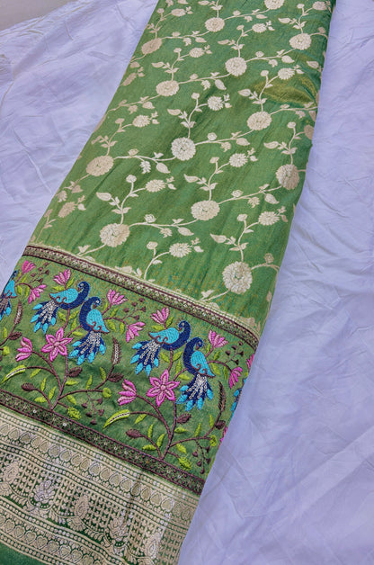 Banarasi Jacquard Silk Fabric with Peacock Embroidery Border | Floral Zari Design Fabric for Saree, Lehenga, Dupatta & Gown 44-45 width panna